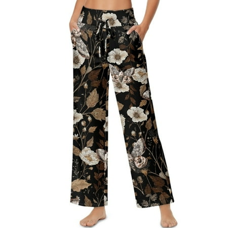 SCRAWLGOD Floral Leaf Butterfly Print Brown Black Womens Wide Leg Palazzo Pants Casual Loose Drawstring Stretchy High Waist Lounge Athletic Trousers with Side Pockets XL