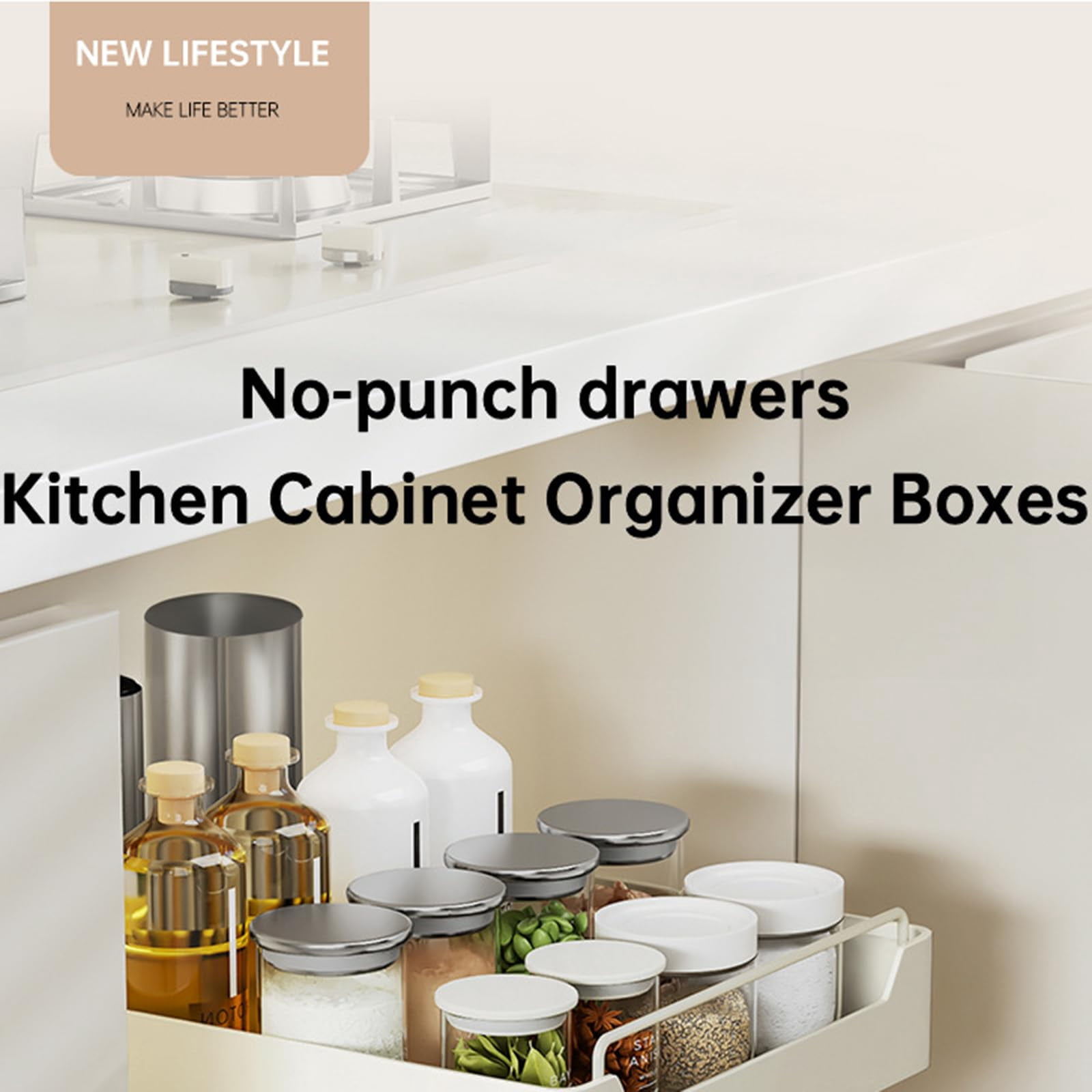 Pull-Out Sliding Cabinet Organizer – Stainless Steel Extendable Drawer with Drill-Free Ultra Adhesive Install,  Easy Under Drain or Pantry Storage for Kitchen, Bathroom