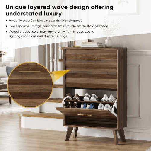23.6" Slim Flip-Top Shoe Cabinet, Walnut Wood Entryway Shoe Storage Cabinet with Double Tilt-Out Doors, Open Shelf, Mid-Century Modern Freestanding Shoe Organizer for Entryway & Hallway