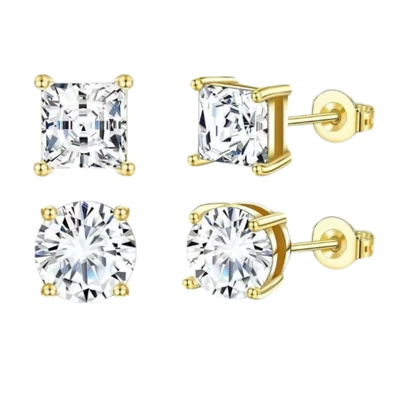 2 Pairs Cubic Zirconia Stud Earrings Set for Women Men, Round & Princess Cut 5mm CZ Earrings, 14K Gold Plated Hypoallergenic Earrings, Classic Everyday Jewelry Gift Set