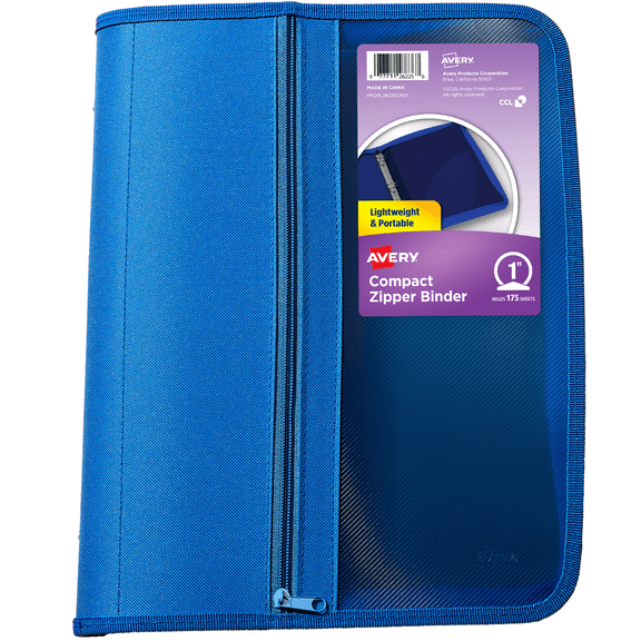 Avery Zipper Binder, 1", Blue, Round Ring, Front Pocket, Lightweight, 175 Sheet Capacity, 1 Binder