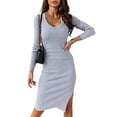 thumbnail image 3 of DYMADE Women V-neck Casual Long Sleeve Elegant Fashion Straight Dress, 3 of 4