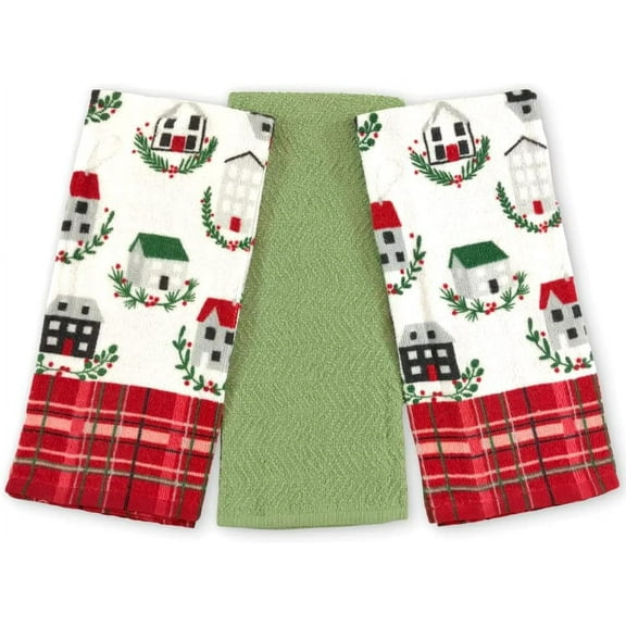 Serafina Home Holiday Farmhouse Christmas Kitchen Hand Towels: Primitive Country Houses with Red Plaid Border (House Print)