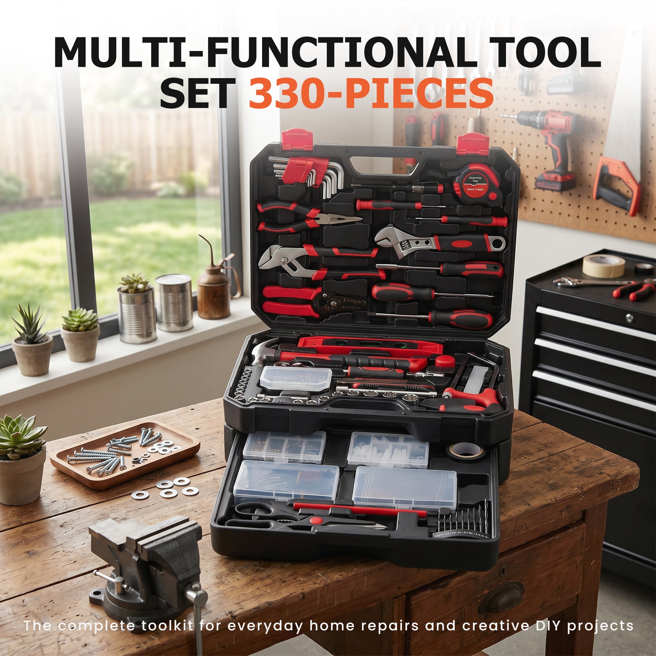 EDX 330-Piece Household Tool Set, Universal Home and Auto Repair Tool Kit with Drawer Toolbox Storage, Black and Red