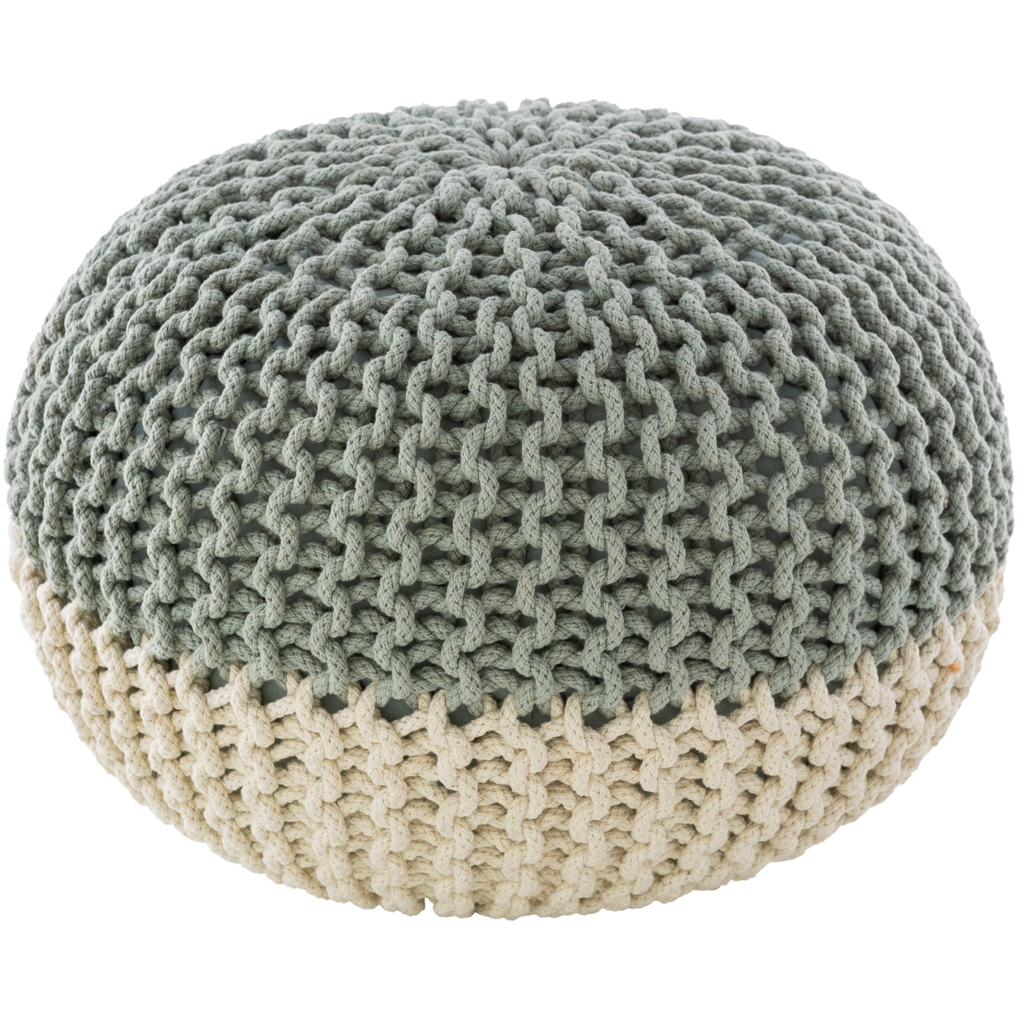 20" Ivory and Mint Green Knitted Pattern Spherical Pouf Ottoman