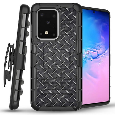 Bemz Armor Combo Samsung Galaxy S20 Ultra, 6.9 inch Phone Case - Heavy Duty Rugged Protector Cover with Removable Belt Clip Holster and Atom Wipe - Diamond Plate