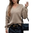 thumbnail image 3 of Suéter de Larga con Cuello en V para Mujer, Suéter Holgado de Punto Grueso de Gran Tamaño. Caqui L, 3 of 10