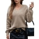thumbnail image 3 of Suéter de Larga con Cuello en V para Mujer, Suéter Holgado de Punto Grueso de Gran Tamaño. Caqui L, 3 of 10