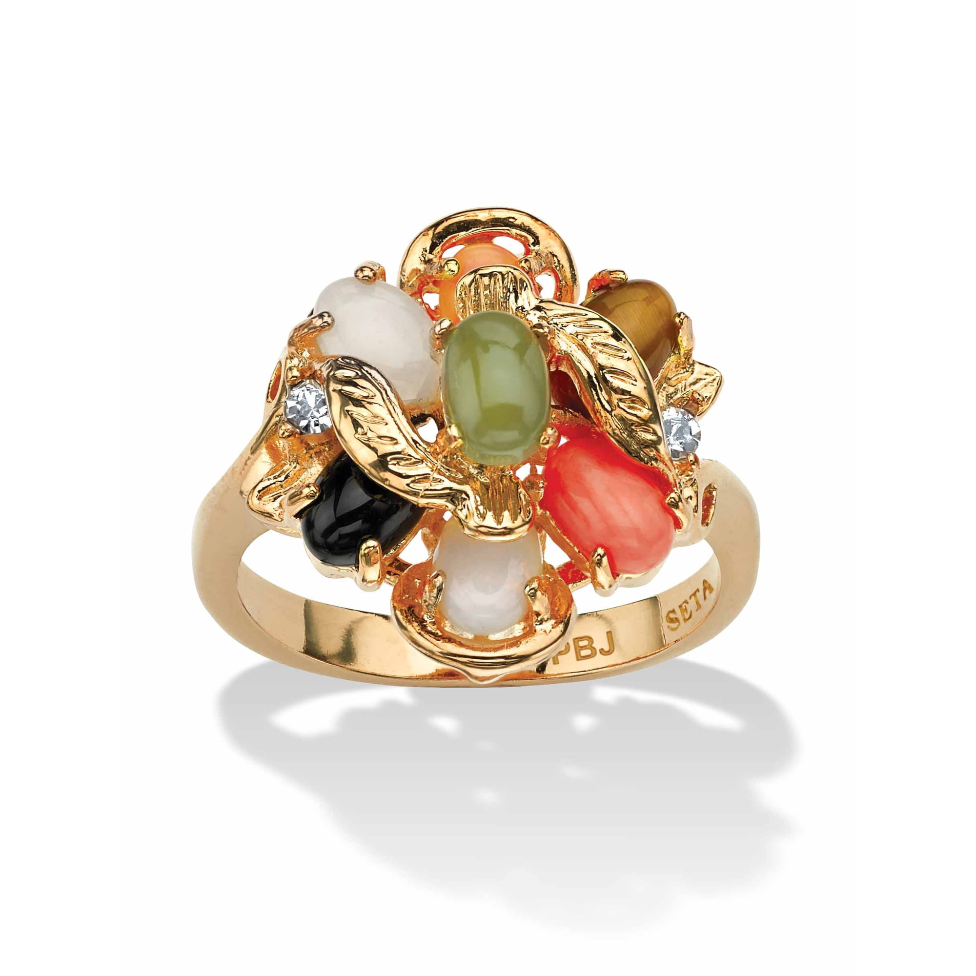 PalmBeach Jewelry Oval Genuine Coral, Opal, Jade, Onyx and Tiger's-Eye Cluster 18k Gold-Plated Ring