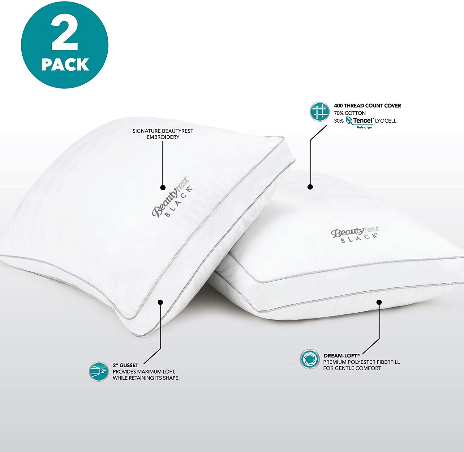Beautyrest Black Pillows, 2-Pack Standard Queen