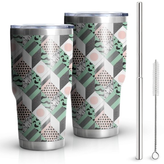 30oz Green Pink Geometric Pattern Tumblers Stainless Steel Tumbler with Lid and Straw,Vacuum Insulated Double Wall Travel Tumbler Cups Mug with Cleaning Brush for Coffee,Tea