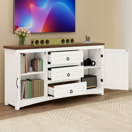DEXTRUS Farmhouse Sideboard Cabinet with Drawers & Doors, Storage Cabinet for Living Room, White