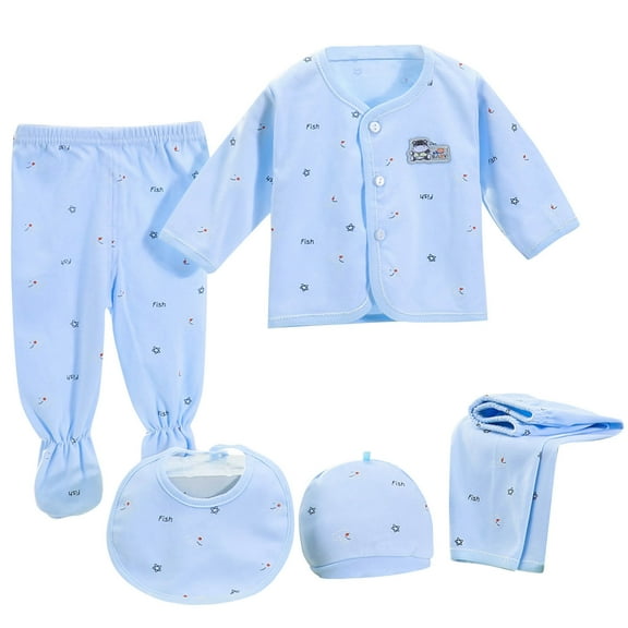 bbymog Baby Boy Clothes 5 - piece Cotton Crewneck Shirts Long Pants Set Baby Girl Outfits Blue 0-3 Months