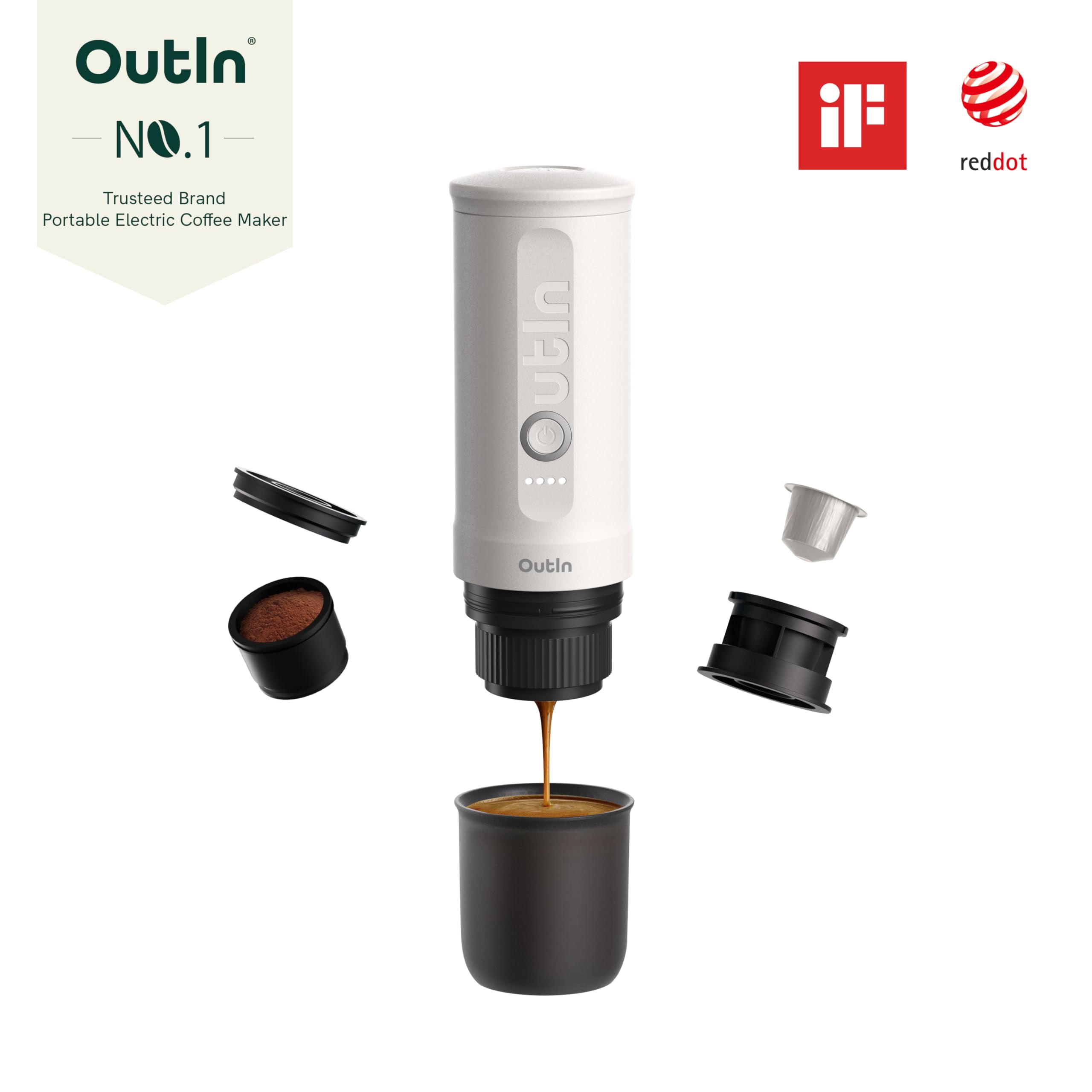 OutIn Nano Portable Electric Espresso Machine - Pearl White - Self-Heating Travel Coffee Maker w/USB-C, Works with Ground Coffee & Nespresso Capsules