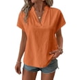 thumbnail image 2 of Women's Summer Short Sleeve V Neck Button Down T-Shirt Tops Blouses Crewneck Loose Fit Solid Color Casual Daily Wear Work Office Vacation Outfits Fashion Essential | Sopatenor,Orange XL, 2 of 8