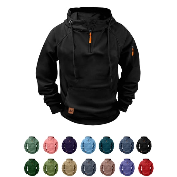 Xaqiouau Men's Half Zip Hoodie Raglan Sleeve Pullover Multi-Pocket Fleece Lined Sweatshirt Hooded Outdoor Sportswear Top with Kangaroo Pocket Black S