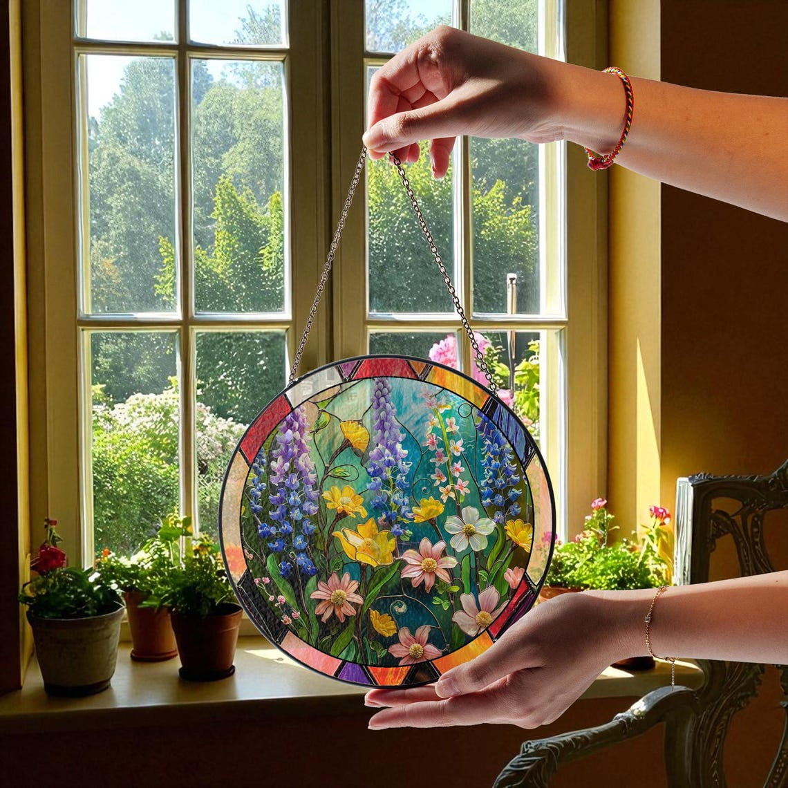 Wildflower Meadow Glass Suncatcher Sunlit Meadow Boho Floral 7.9 in