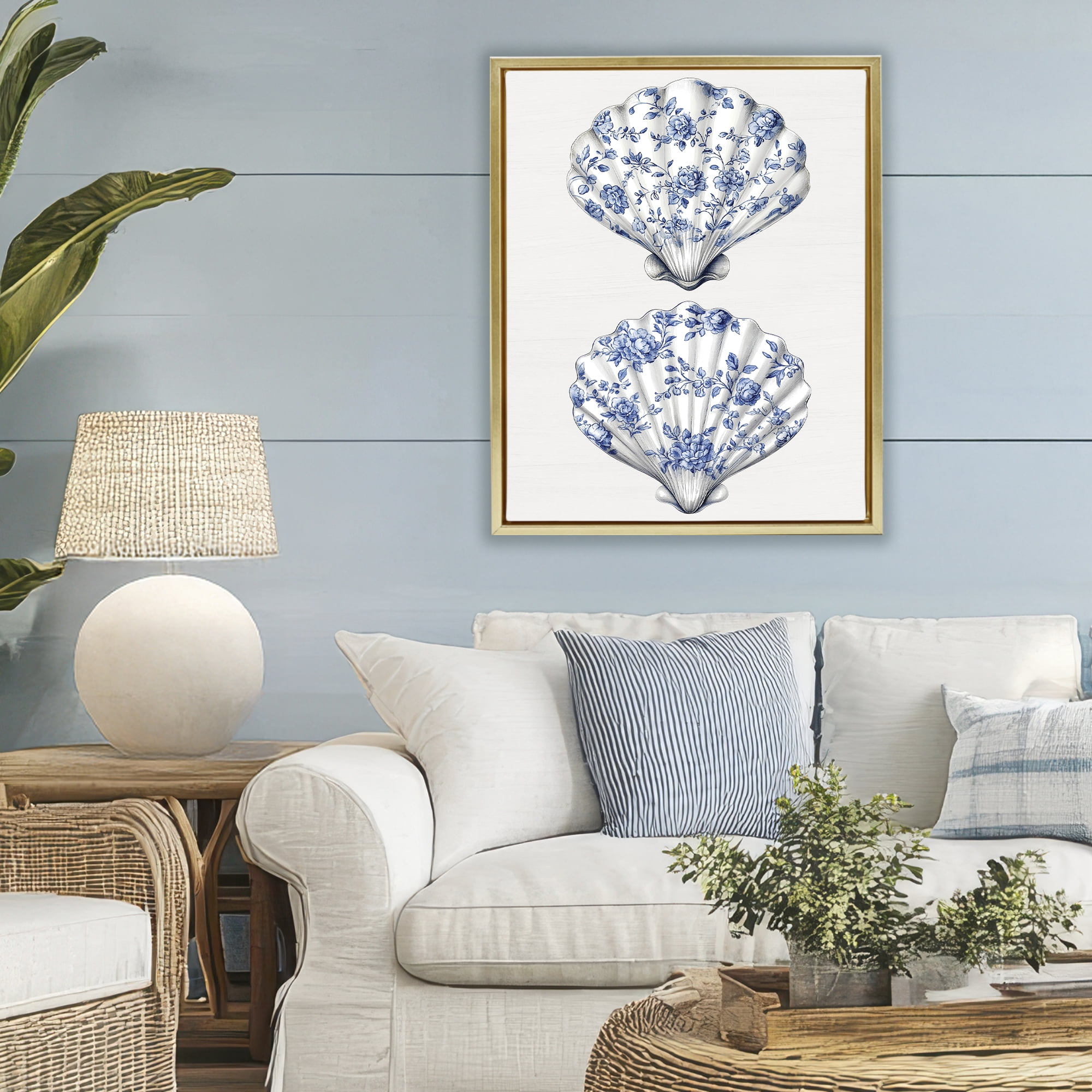 Delicate Toile Seashells Gold Framed Floater Canvas Wall Art, design by Lettered and Lined