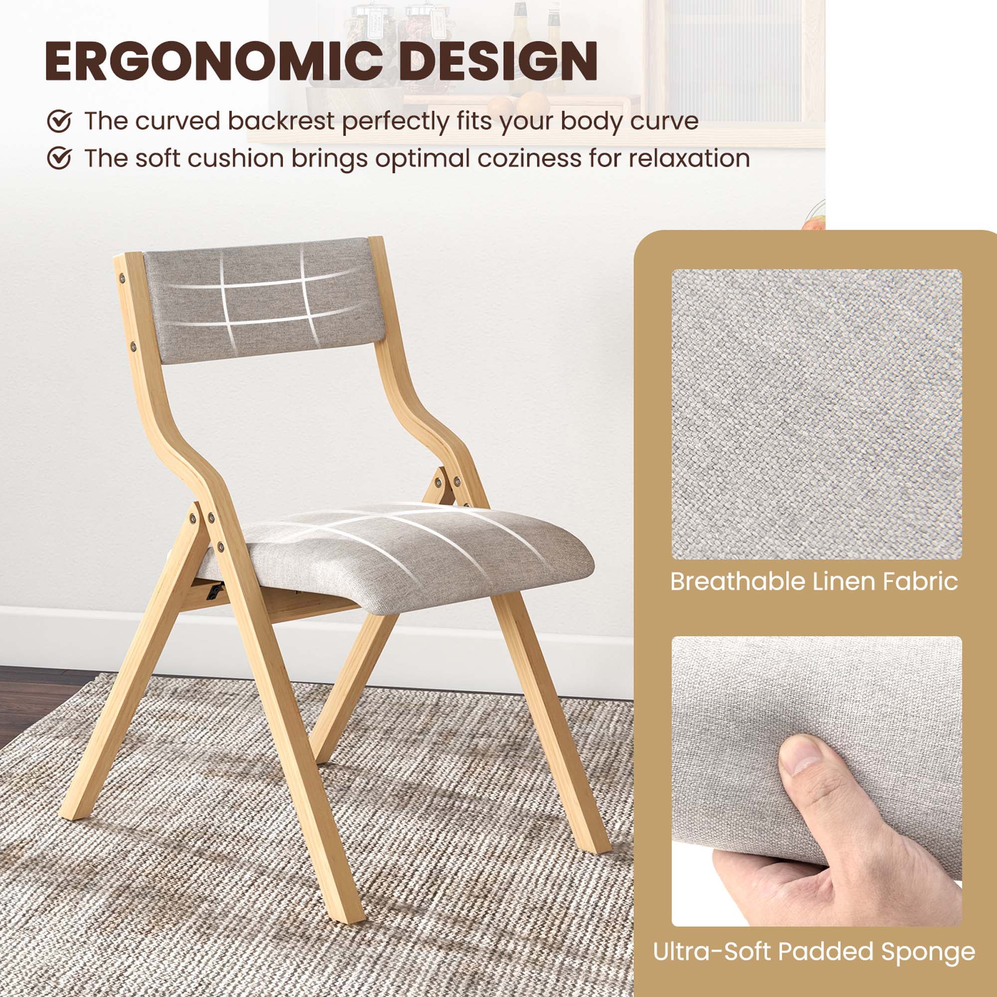 Costway Folding Dining Chair Set of 2 Wooden Upholstered Modern Linen Fabric Padded Seat