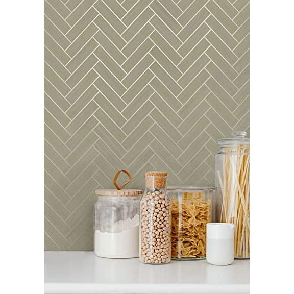 NextWall Stacy Garcia Home Herringbone Inlay Peel and Stick Wallpaper (Khaki & Metallic Silver)