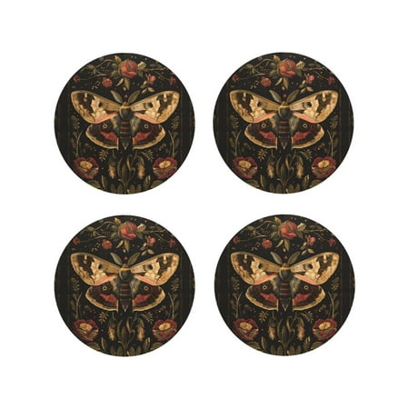 

Drink Coasters Set of 4 Vintage Moth Floral Art Leather Coasters for Coffee Table Protector Heat Resistant Cute Coasters for Home Decor Housewarming Gifts Bar Kitchen 4 Inch Round Shape