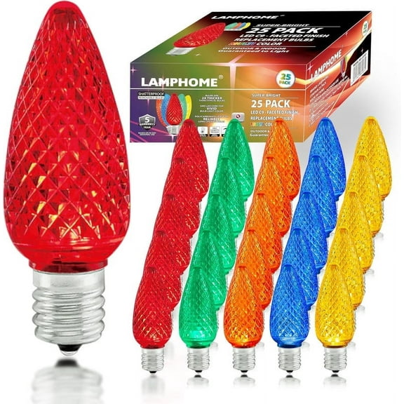 25 Pack Outlet Faceted C9 Christmas Lights, Holiday Decorative Light Bulb, 0.9 Watts, E17 Intermediate Base, Faceted Christmas Lights, Multicolor