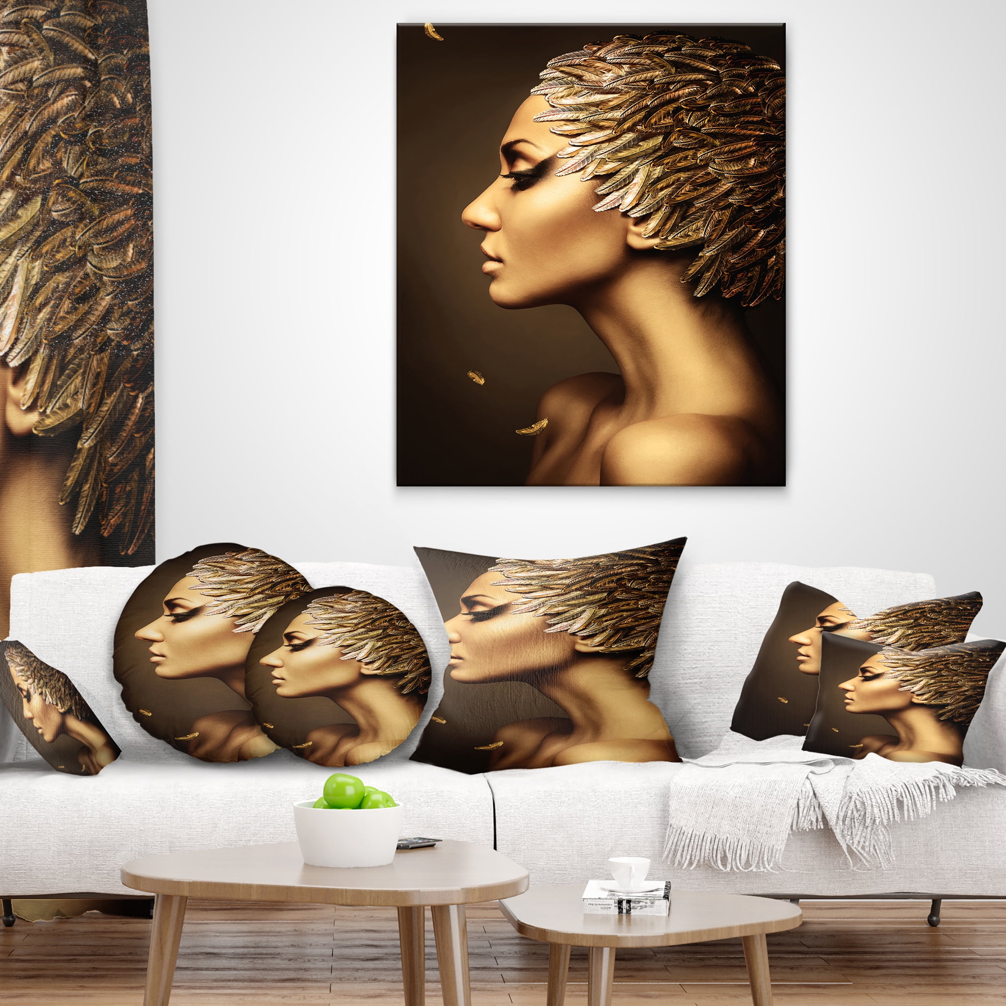 Designart Woman with Gold Feather Hat - Contemporary Throw Pillow - 16x16