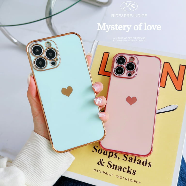 Teageo for iPhone 12 Pro Case for Women Girl Cute Love-Heart Luxury Bling  Plating Soft Back Cover Raised Full Camera Protection Bumper Silicone