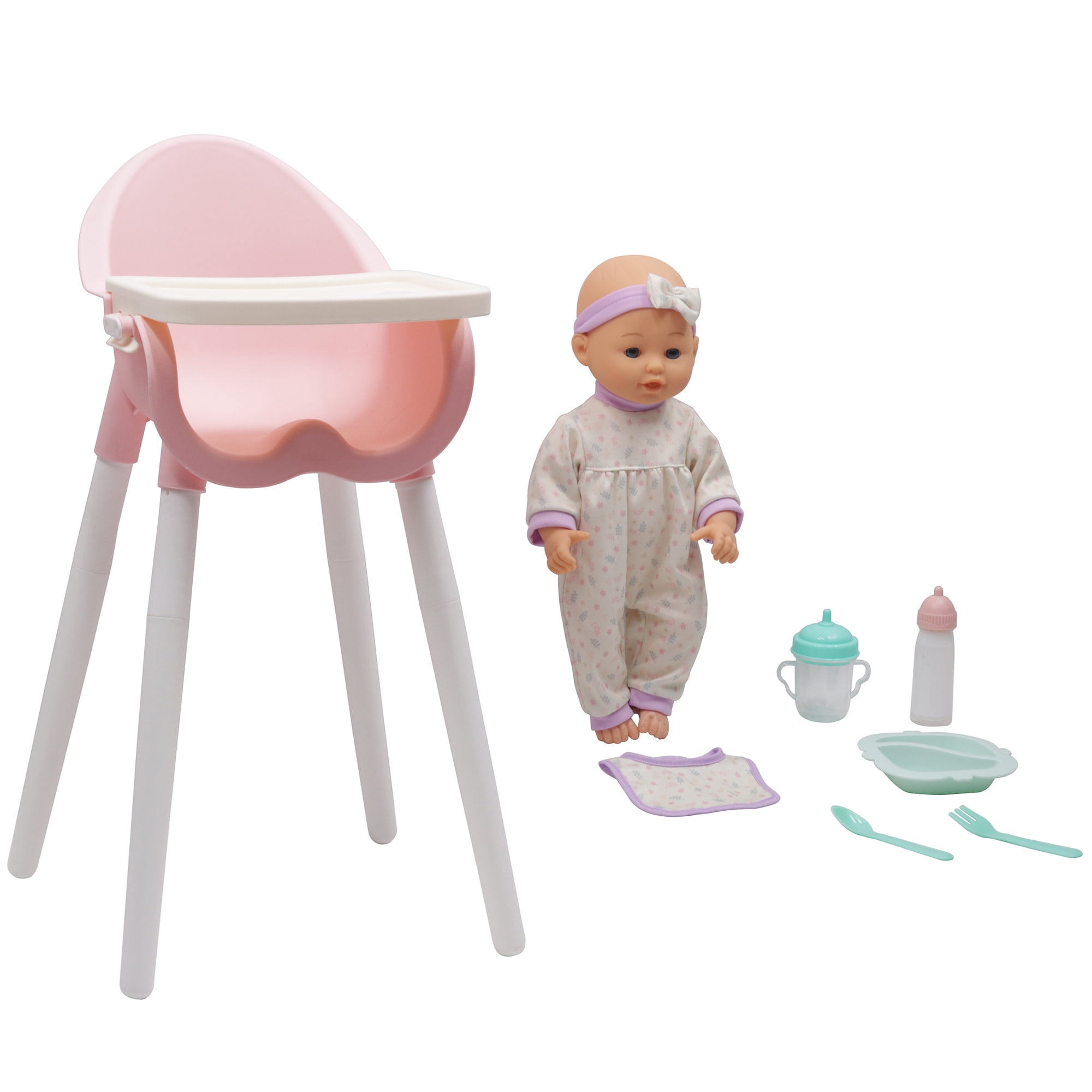 Dream Collection: 14" Baby Doll & High Chair Playset - White-Purple Onesie, Headband & Bib, Pink Feeding Chair, Toy Care Accessories, Kids-Toddlers 2+
