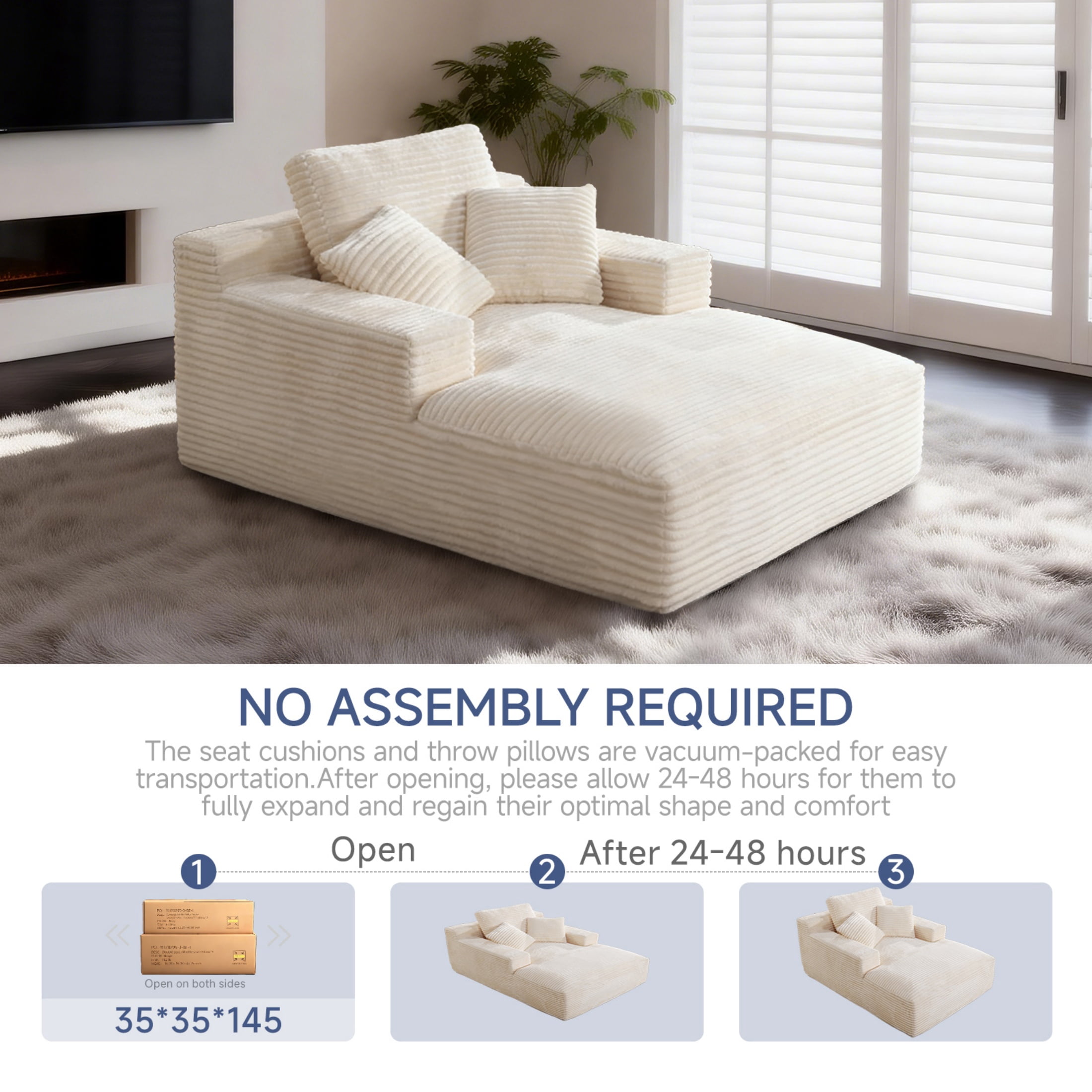 AISWORD 68.5'' Oversized Chaise Lounge Chair Indoor Corduroy Cloud Floor Sofa Bed No Assembly Required Deep Seat Boneless Couch with Pillows, Beige
