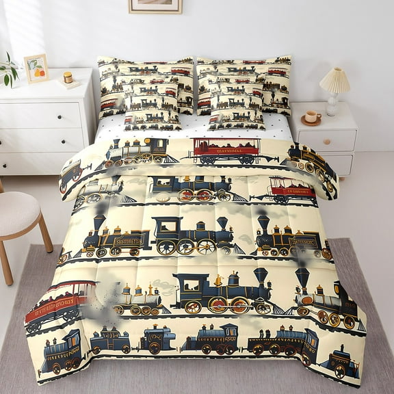 Erosebridal 3D Print Train Bedding Sets Twin Size,Steam Engine Comforter Sets with Sheets,Transportation Theme Bed in a Bag Twin size,Breathable Teenager Bedroom Decor,Reversible,7-Piece