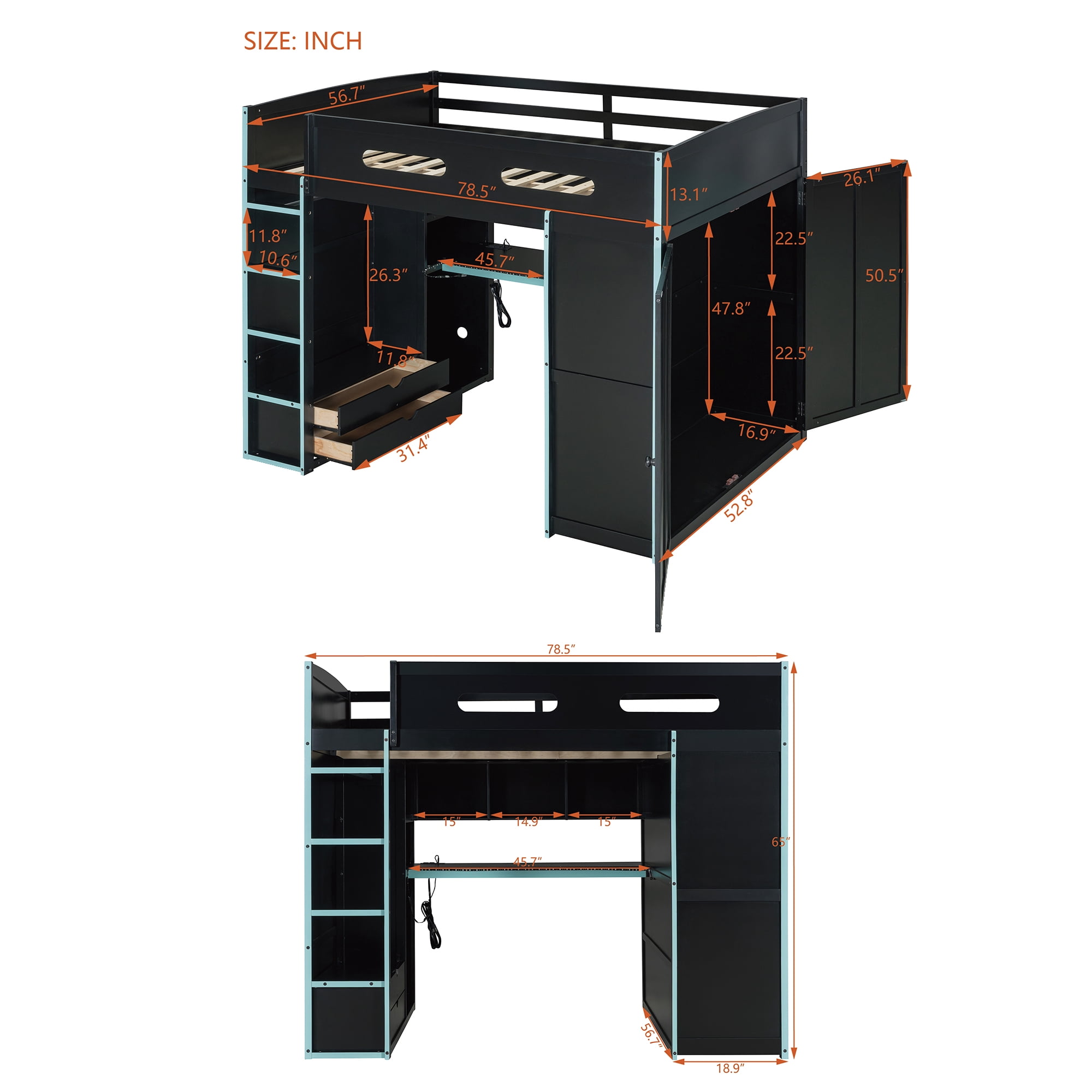 Aukfa Full Size Gaming Loft Bed with Desk, Wardrobe & RGB LED Lights – Esports Loft Bed Frame with Charging Station, Storage Shelves, Space-Saving, Blue