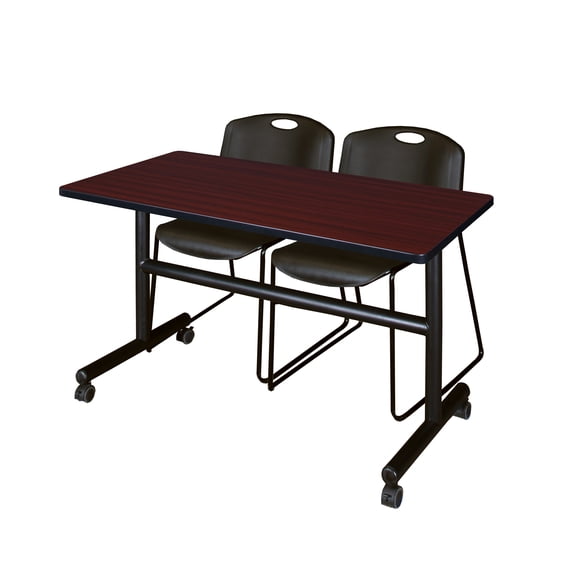 48" x 30" Flip Top Mobile Training Table- Mahogany and 2 Zeng Stack Chairs- Black