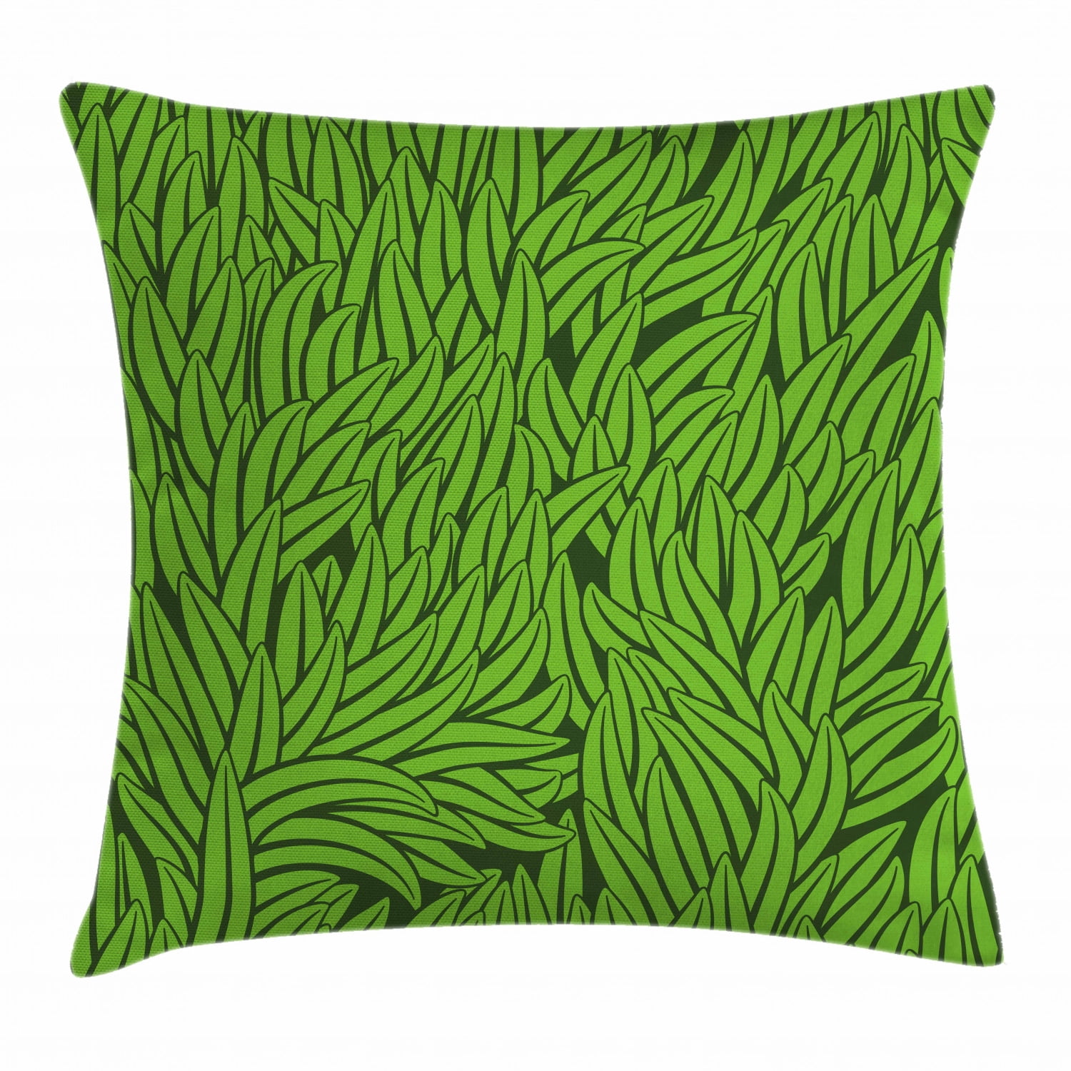 Green Throw Pillow Cushion Cover, Hand Drawn Style Grass Pattern