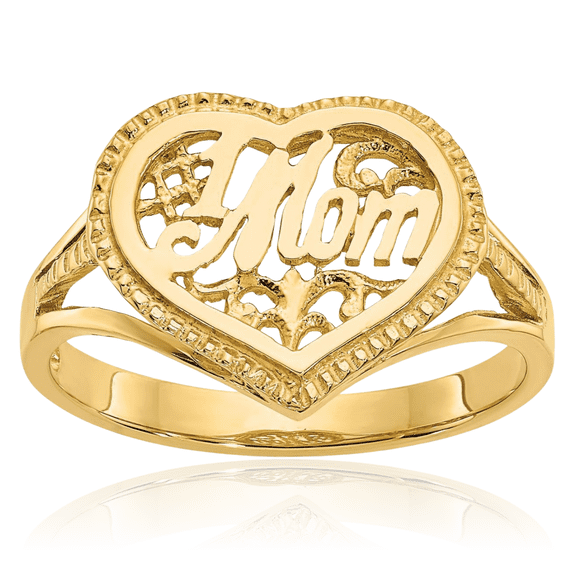 14K Solid Yellow Gold Best Mom Heart Ring Love Band