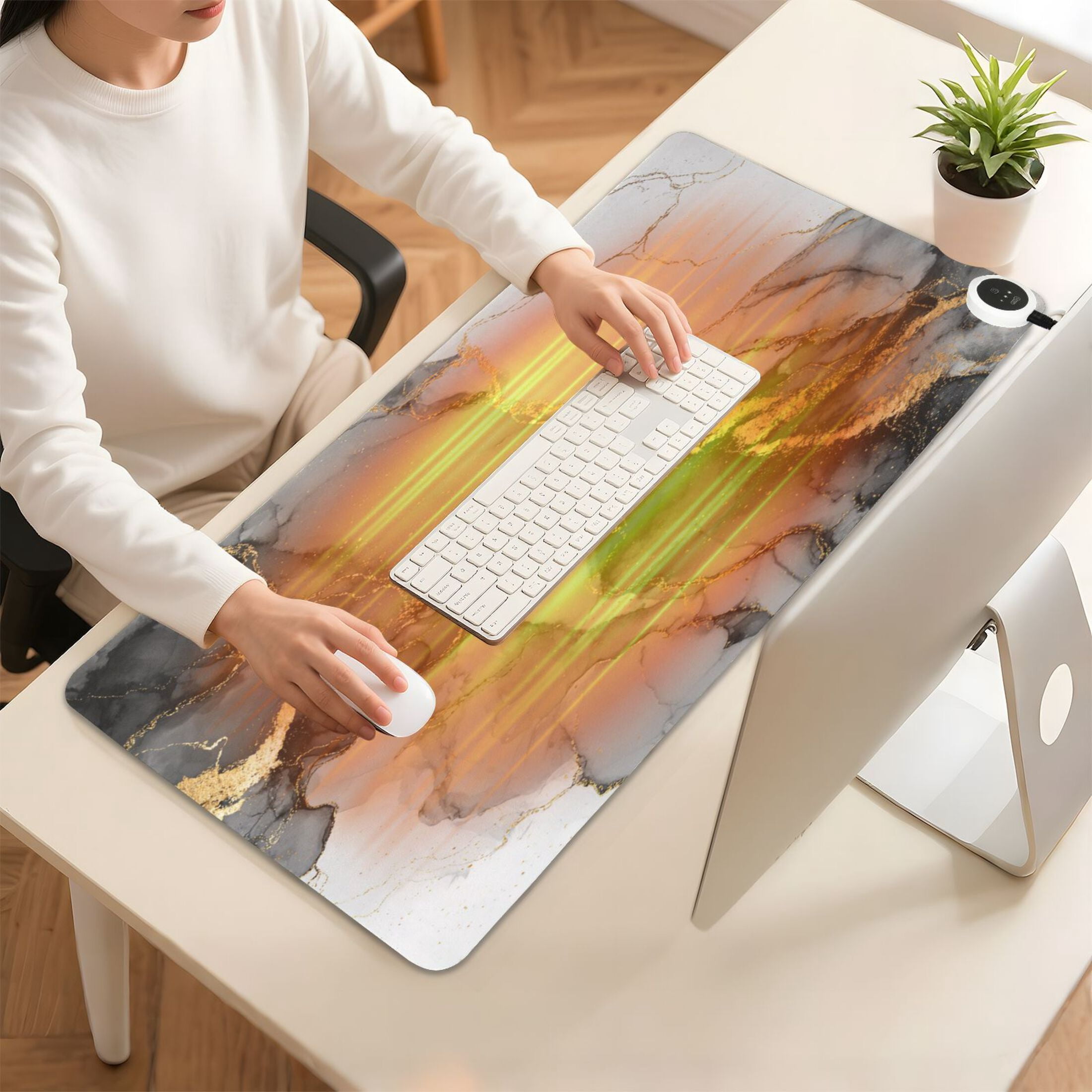 Large Heated Desk Mat Mouse Pad 31.5"x13"PU Leather Graphene Heating Desk Warmer with 3 Temperature Settings 110V US Plug Non-Slip Warm Pad for Home, Office, and Gaming Premium Fluid Art Background