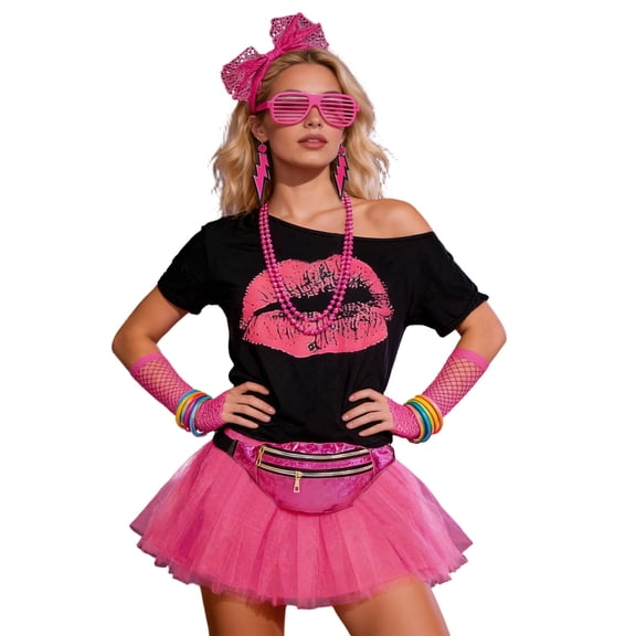 CONZONE Carnival 80S Womens Dress Up Fashion Tops Lace Mesh Skirts Hairband Outfits Funny Party Stage Performance Clothes Set