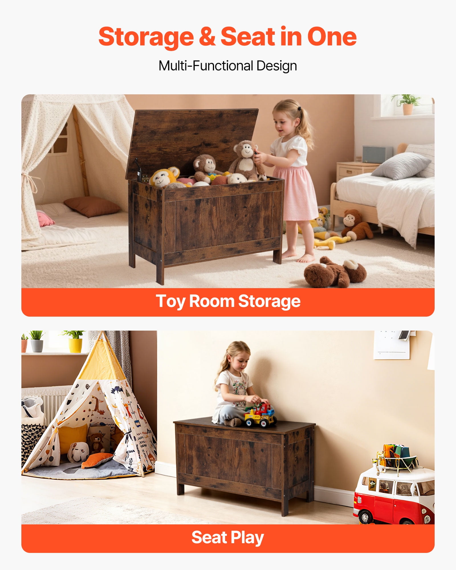 VEVOR Kids Storage Bench, Wooden Toy Box Chest, Large Storage Cabinet with Safety Hinge, Toddlers Retro Storage Bench for Playroom, Living Room or Entryway, 29.7 x 15.3 x 18.9", Easy Assembly, Brown
