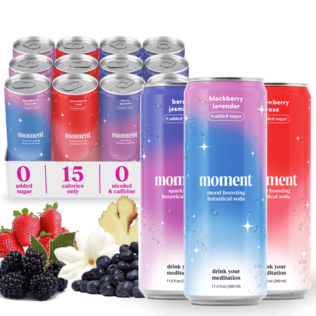 Moment Botanical Soda Soft Drink (Shark Tank) - SPARKLING Drinks | Berry Blast | L-Theanine & Ashwagandha for Calm & Clarity | 0 Added Sugar 0 Caffeine | 12-pack