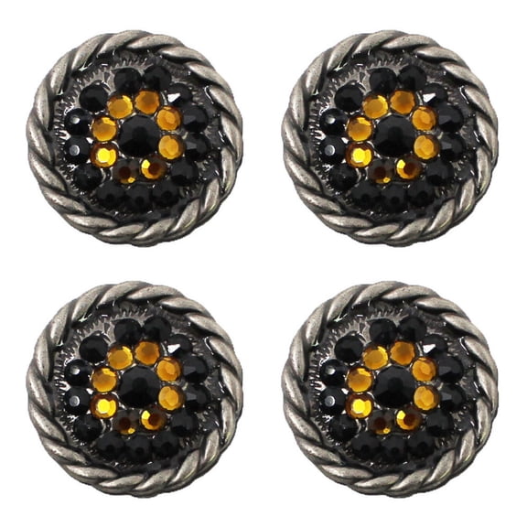Set of 4 Western Tack Screw Back 1" Engraved Conchos w/ Yellow Rhinestones CO437