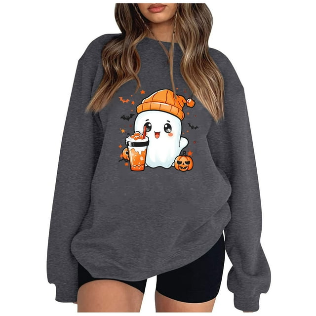 Pisexur Chandail d'Halloween pour Femmes en Molleton Chandail Orange à Manches Longues Col Rond Chandails Mode à Motif de Citrouille Chandails à Capuche d'Halloween Chandails à Enfiler
