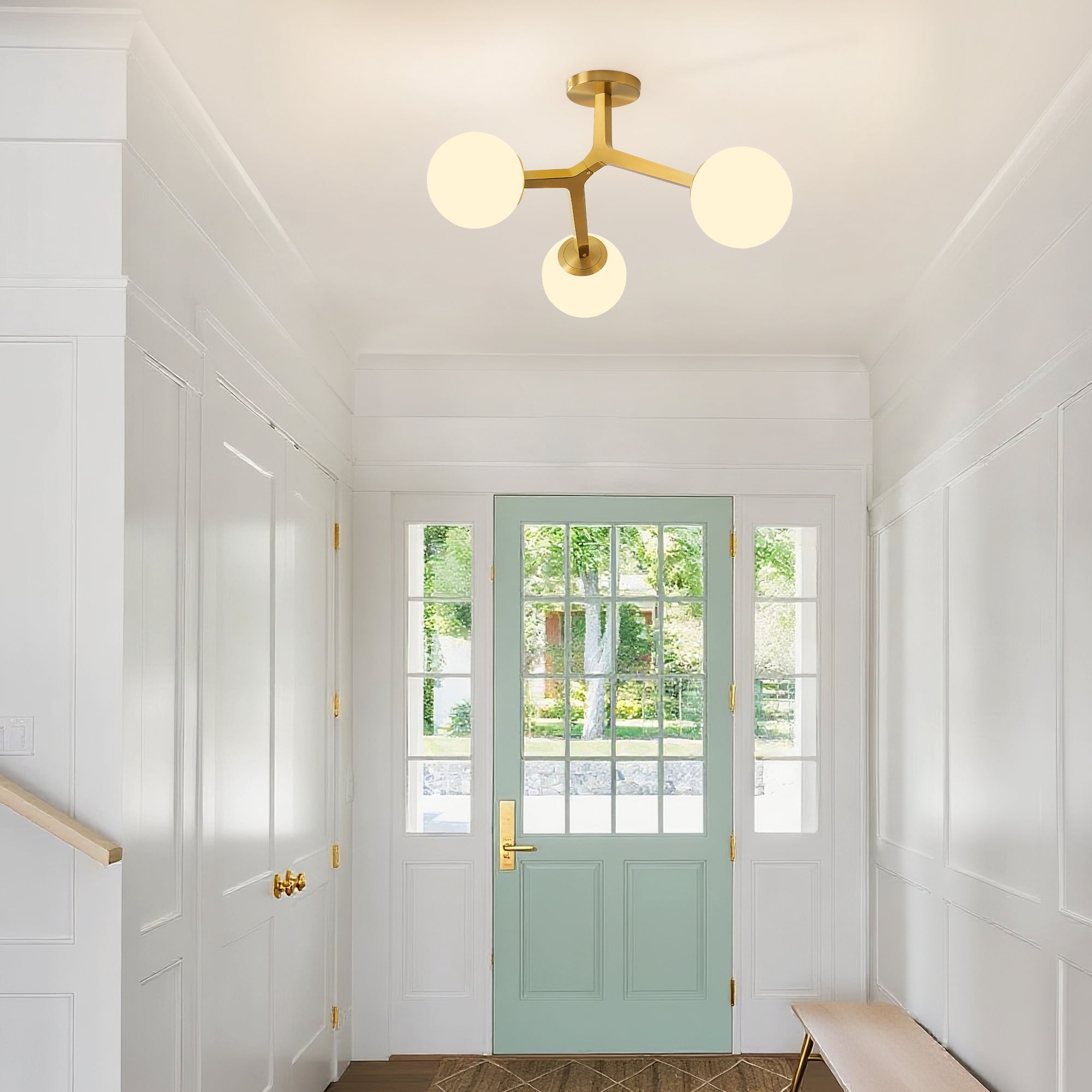 3-Light Gold Modern Chandelier Glass Semi Flush Mount Ceiling Light with Globe Milky Frosted Glass Shade E12 Sputnik Ceiling Light for Kitchen Hallway Light Fixture