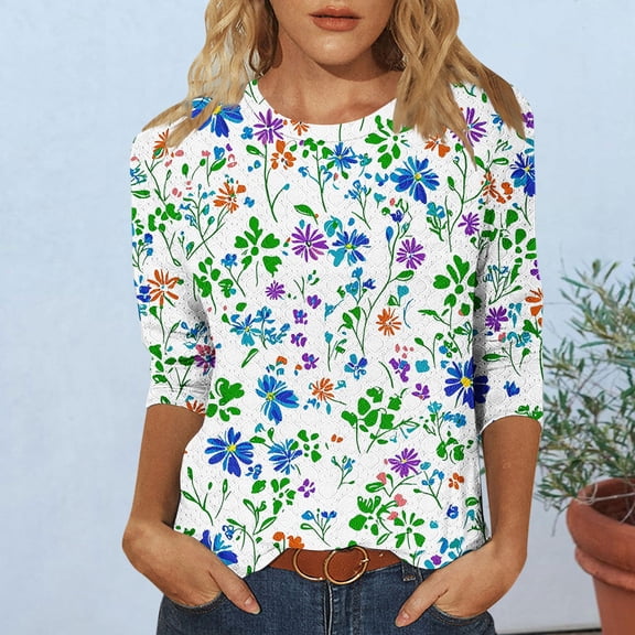 Womens Tops 3/4 Sleeve Crop Womens Summer Blouses Dressy Casual Womens Summer Shirts Oversized Womens Printed Tees Loose Fit