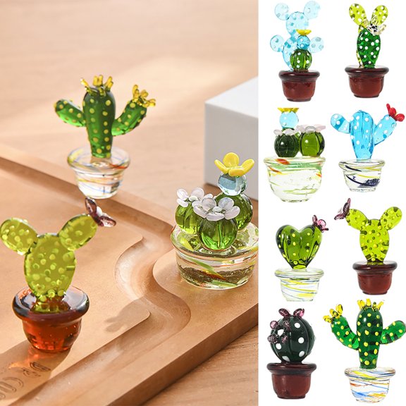 Cheers.US Handmade Glass Cactus Mini Glass Figurines Cactus Figure Glass Art Cactus Cute Crystal Figurines Collectibles Desk Tabletop Simulation Plants Decorations