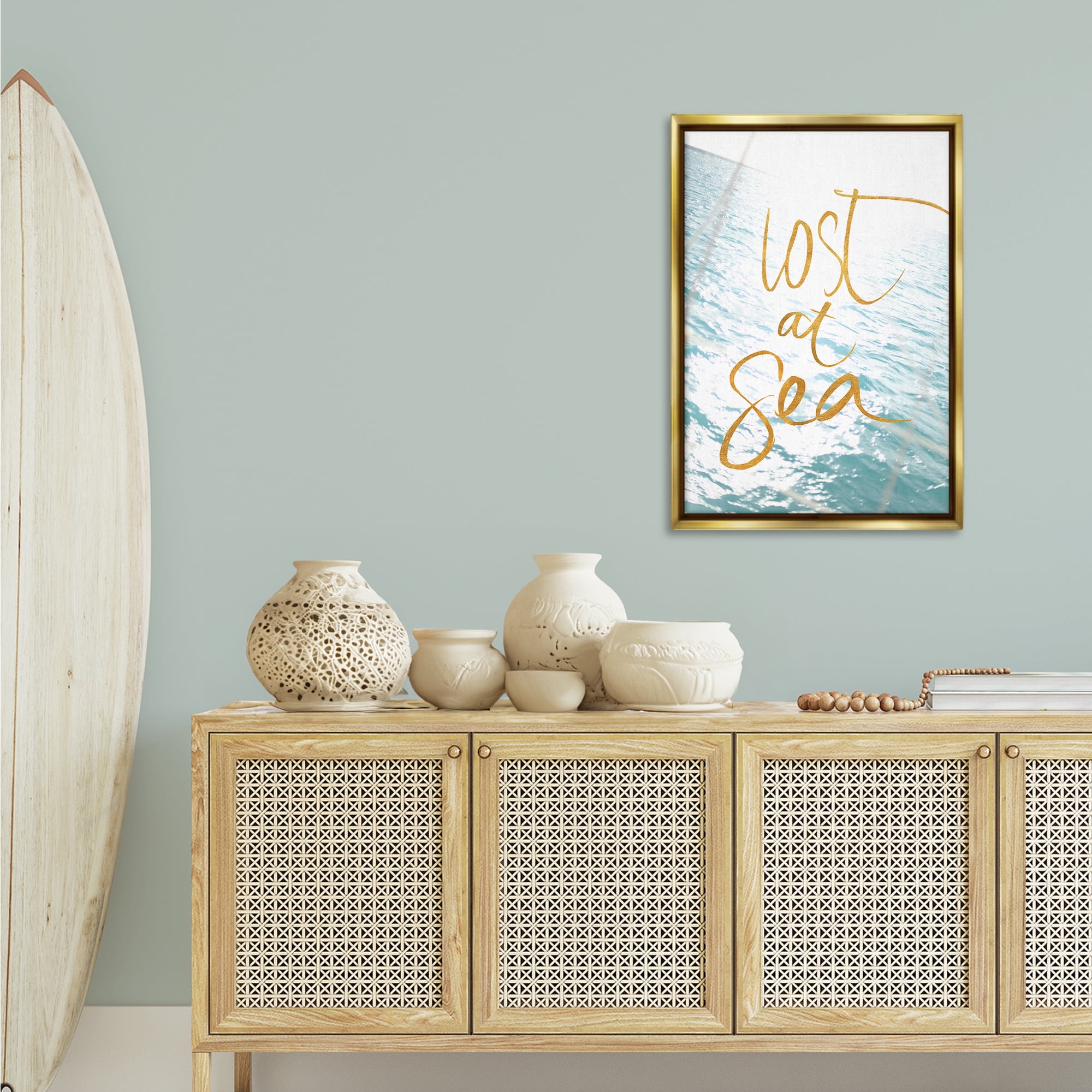 Stupell Industries Lost At Sea Phrase Coastal Painting Gold Floater Framed Canvas Art Print Wall Art, 21 x 31