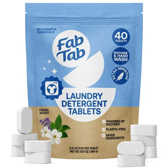 FabTab 100% Plastic-Free Laundry Detergent Tablets, Plant-Based, Fresh Scent, 40 Count