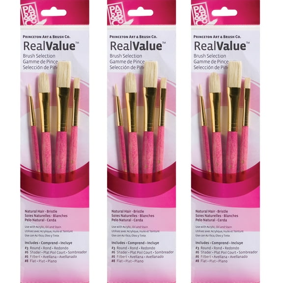 Princeton RealValue Brush Set, Natural Bristles, Short Handle Mixed Media Paintbrush, Pink, 4 Per Set, 3 Sets