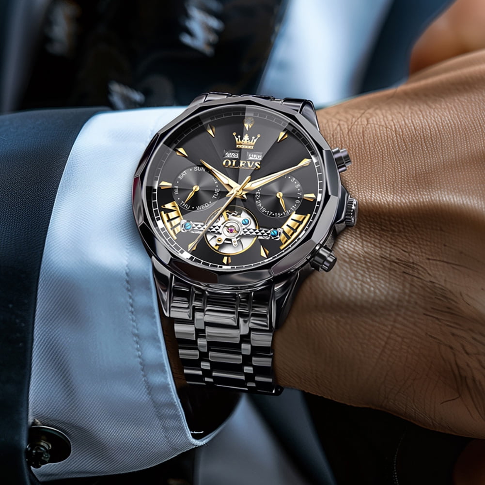 OLEVS Automatic Watches for Men Luxury Dress Waterproof Self Winding Mechanical Chronograph Diamond Stainless Steel Luminous Date Skeleton Tourbillon Mens Watches Gift Reloj Para Hombre Black Dial
