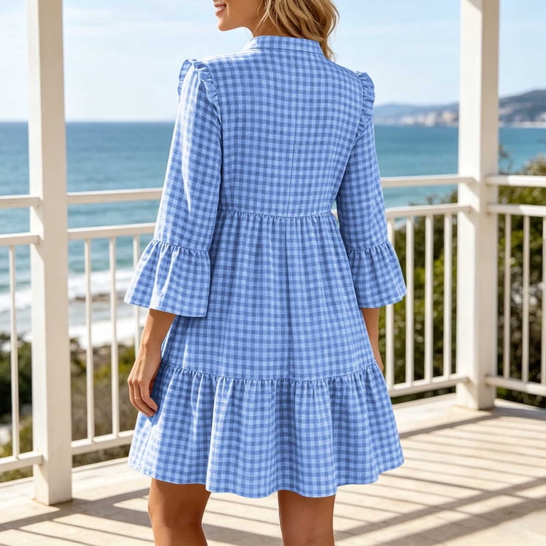 mini dresses for brunch Women's Gingham Dress V-Neck Bell Sleeve Tiered Mini Dress Lightweight  Breathable Casual Brunch Sundress, Dresses for Women Yellow 2XL
