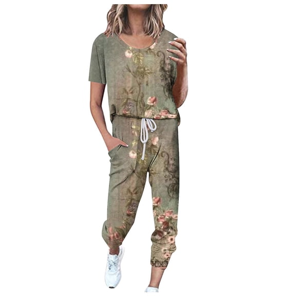 SnZhen Two Piece Sets for Women Summer Women's Fashionable Printed Short Sleeved Round Neck Drawstring Top With Pants Set